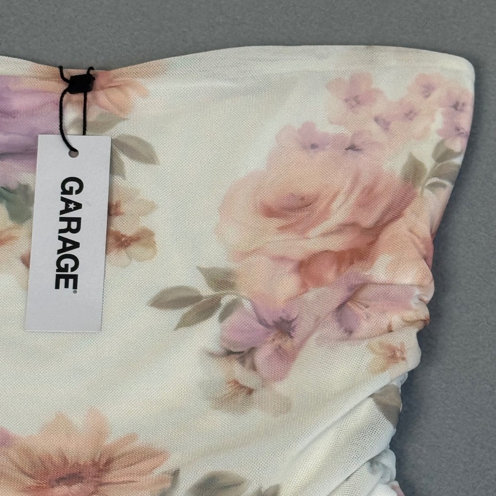 Garage Rosalie Ruched Tube Top Sz Medium Watercolor Floral Mesh White 100096911 - Picture 4 of 8
